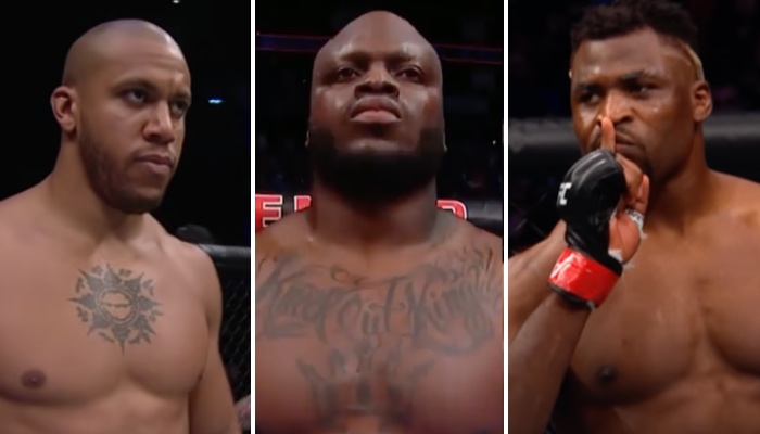 Les combattants poids lourds Ciryl Gane (gauche), Derrick Lewis (centre) et Francis Ngannou (droite)