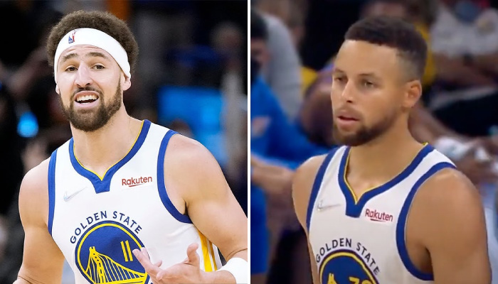 Les stars NBA des Golden State Warriors, Klay Thompson (gauche) et Stephen Curry (droite)