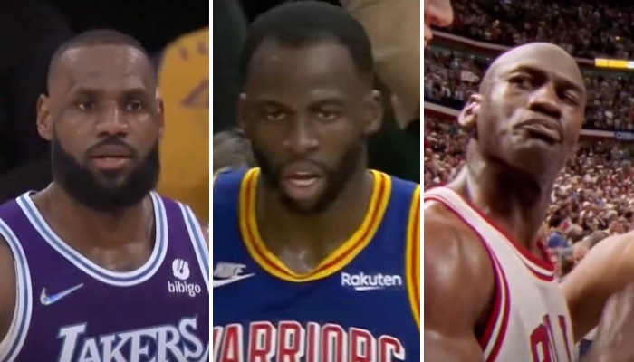 Les stars NBA LeBron James (gauche), Draymond Green (centre) et Michael Jordan (droite)