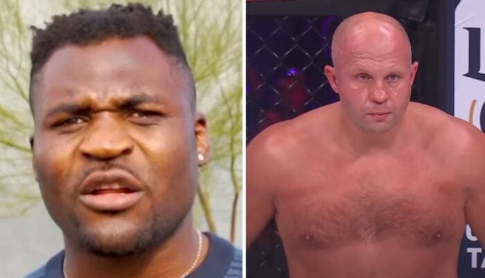 Les combattants-stars Francis Ngannou (gauche) et Fedor Emelianenko (droite)