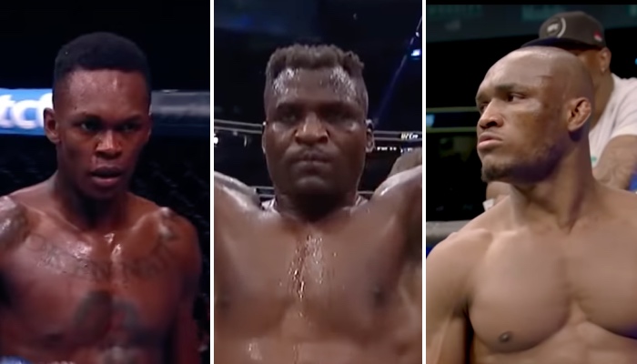 Les combattants stars Israel Adesanya (gauche), Francis Ngannou (centre) et Kamaru Usman (droite)