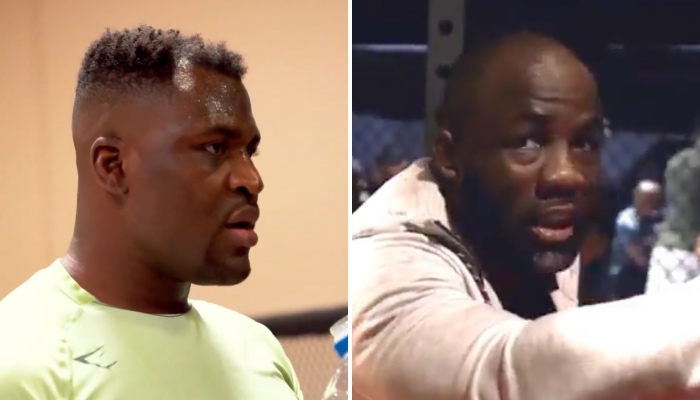 La star de la PFL Francis Ngannou (gauche) et le coach du combattant UFC français Ciryl Gane, Fernand Lopez (droite)