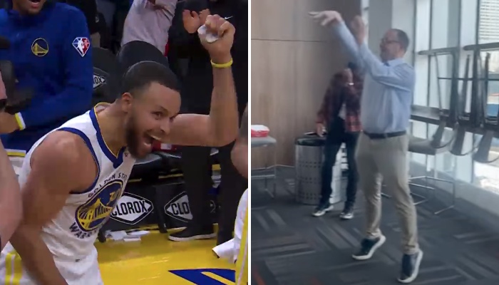 La superstar NBA des Golden State Warriors, Stephen Curry, extatique devant une vidéo montrant l'insider d'ESPN Adrian Wojnarowski enchainer les shoots de loin