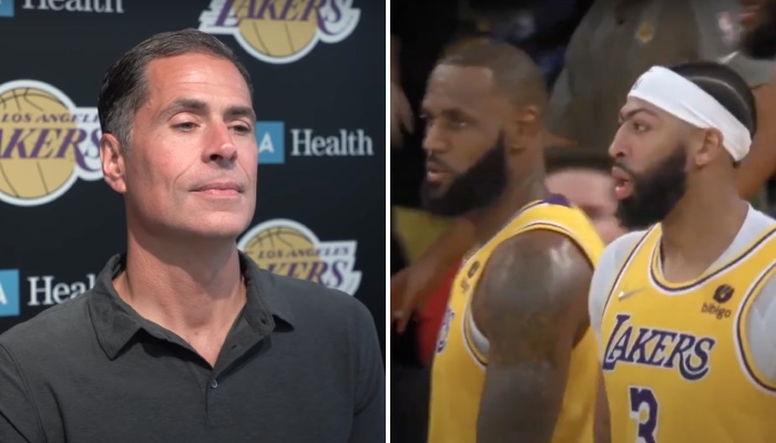 Le general manager des Los Angeles Lakers, Rob Pelinka, et les deux stars de l'équipe, LeBron James et Anthony Davis