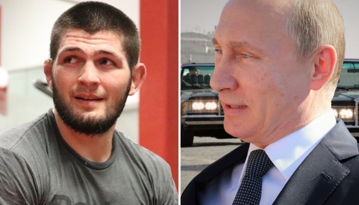 L'ex-combattant star de l'UFC, Khabib Nurmagomedov (gauche), et l'homme politique russe Vladimir Poutine (droite)