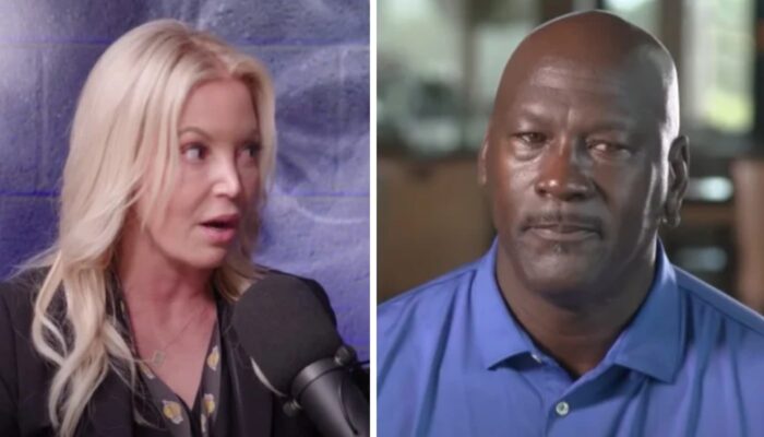 La propriétaire des Los Angeles Lakers, Jeanie Buss (gauche) et la légende NBA Michael Jordan (droite)