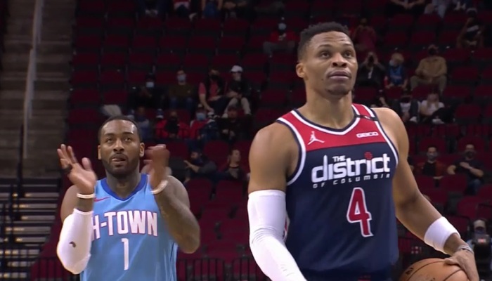 Les stars NBA John Wall et Russell Westbrook, ici lors d'un match entre les Houston Rockets et les Washington Wizards