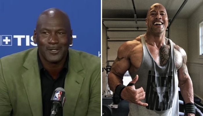 La légende NBA Michael Jordan (gauche) et l'ancien catcheur star de la WWE devenu acteur, Dwayne Johnson, alias « The Rock » (droite)