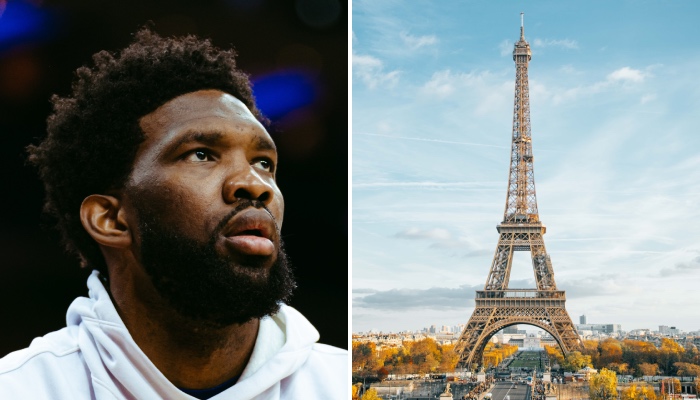 La superstar NBA des Philadelphia 76ers, Joel Embiid (gauche) et la Tour Eiffel