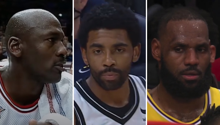 La superstar NBA des Brooklyn Nets, Kyrie Irving (centre), a révélé le GOAT à ses yeux, snobant au passage Michael Jordan (gauche) et LeBron James (droite)
