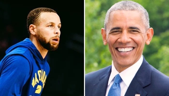 La star NBA Stephen Curry (gauche) et l'ancien président des États-Unis Barack Obama (droite)