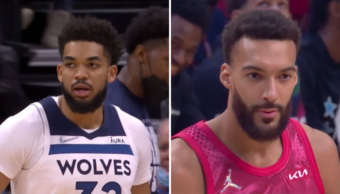 Les stars NBA des Minnesota Timberwolves, Karl-Anthony Towns (gauche) et Rudy Gobert (droite)