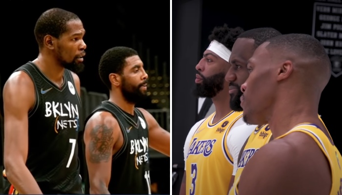 Les Brooklyn Nets, représentés ici par Kevin Durant et Kyrie Irving, et les Los Angeles Lakers, symbolisés par Anthony Davis, LeBron James et Anthony Davis, pourraient s'entendre autour d'un blockbuster trade tonitruant impliquant 6 joueurs