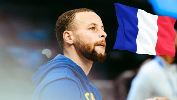 La star NBA Stephen Curry accompagnée du drapeau français