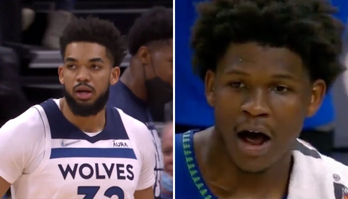 Les stars NBA des Minnesota Timberwolves, Karl-Anthony Towns (gauche) et Anthony Edwards (droite)