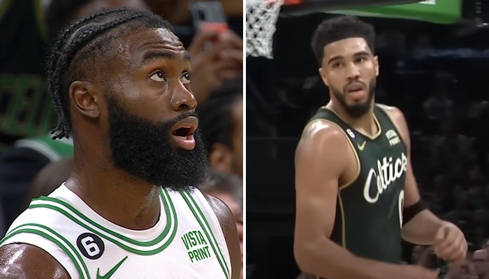 Les stars NBA des Boston Celtics, Jaylen Brown (gauche) et Jayson Tatum (droite)