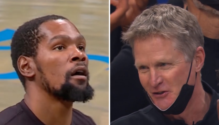 La star NBA Kevin Durant (gauche) et son ancien entraineur aux Golden State Warriors, Steve Kerr (droite)