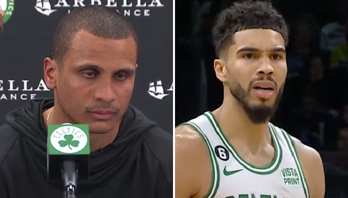 Joe Mazzulla (gauche) et Jayson Tatum (droite), membres de la franchise NBA des Boston Celtics