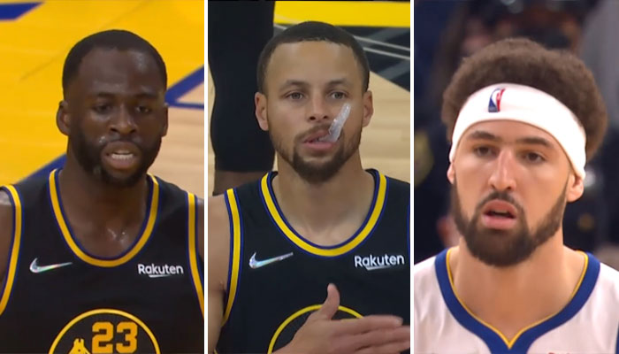 Les stars NBA des Golden State Warriors, Draymond Green (gauche), Stephen Curry (centre) et Klay Thompson (droite)