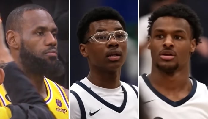 La légende NBA LeBron James (gauche) et ses deux fils, Bryce (centre) et Bronny (droite)