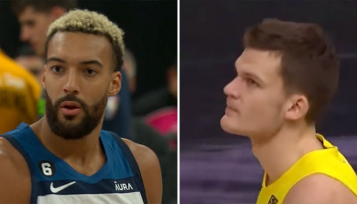 Le pivot français des Minnesota Timberwolves, Rudy Gobert (gauche), et le rookie NBA du Utah Jazz, Walker Kessler (droite)