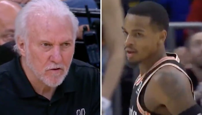 Le coach NBA des San Antonio Spurs, Gregg Popovich (gauche), et l'actuel meneur des Atlanta Hawks, Dejounte Murray (droite)