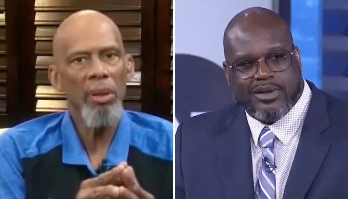 Les légendes NBA Kareem Abdul-Jabbar (gauche) et Shaquille O'Neal (droite)