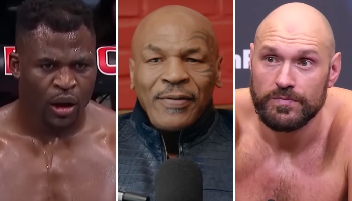 Les combattants stars Francis Ngannou (gauche), Mike Tyson (centre) et Tyson Fury (droite)