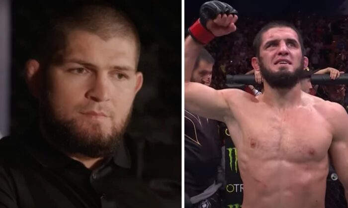 Les stars de l'UFC Khabib Nurmagomedov (gauche) et Islam Makhachev (droite)