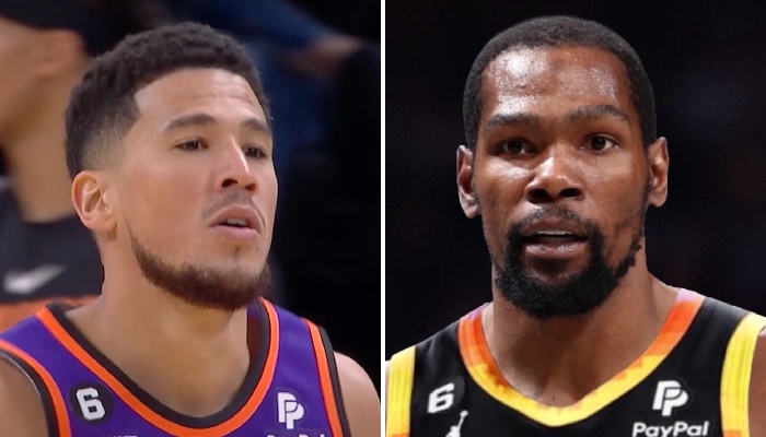 Les stars NBA des Phoenix Suns, Devin Booker (gauche) et Kevin Durant (droite)