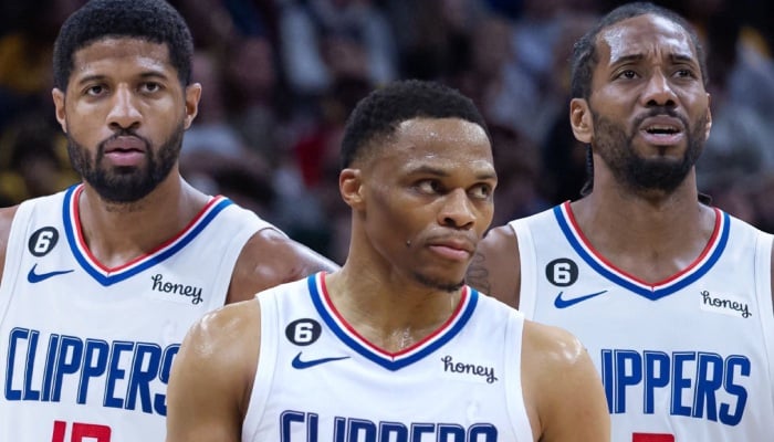 Les superstars NBA des Los Angeles Clippers, Paul George (gauche), Russell Westbrook (centre) et Kawhi Leonard (droite)