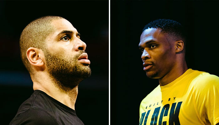 Les joueurs NBA des Los Angeles Clippers, Nicolas Batum (gauche) et Russell Westbrook (droite)