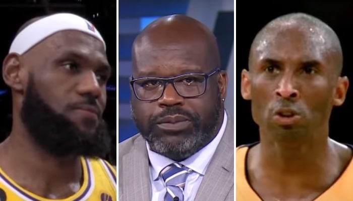 Les superstars NBA LeBron James (gauche), Shaquille O'Neal (centre) et Kobe Bryant (droite)