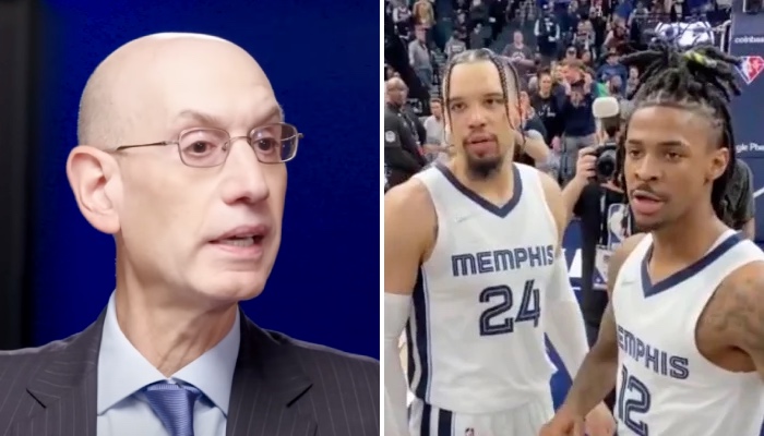 Le commissioner de la NBA, Adam Silver (gauche), et les joueurs des Memphis Grizzlies, Dillon Brooks et Ja Morant (droite)