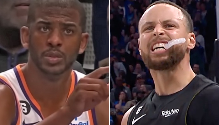 La star NBA des Phoenix Suns, Chris Paul (gauche), et celle des Golden State Warriors, Stephen Curry (droite)