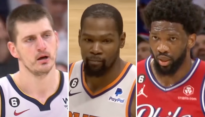 Les superstars NBA Nikola Jokic (gauche), Kevin Durant (centre) et Joel Embiid (droite)