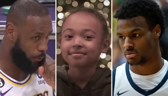 La star NBA des Los Angeles Lakers, LeBron James (gauche), sa fille, Zhuri (centre), et son fils aîné, Bronny (droite)