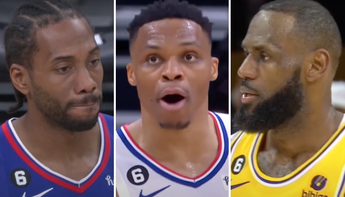 Le stars NBA des Los Angeles Clippers, Kawhi Leonard (gauche) et Russell Westbrook (centre), ainsi que leur homologue des Los Angeles Lakers, LeBron James (droite)