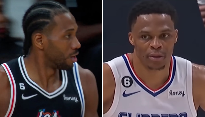 Les superstar NBA des Los Angeles Clippers, Kawhi Leonard (gauche) et Russell Westbrook (droite)