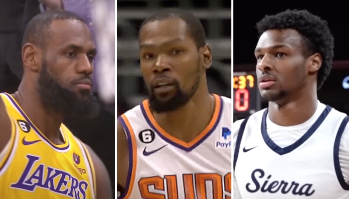 La star NBA des Los Angeles Lakers, LeBron James (gauche), celle des Phoenix Suns, Kevin Durant (centre), et le jeune prospect Bronny James (droite)