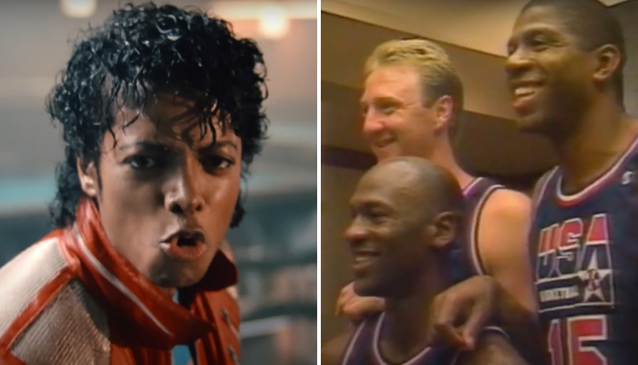 La mythique popstar Michael Jackson (gauche) et les légendes NBA Larry Bird, Michael Jordan et Magic Johnson (droite)