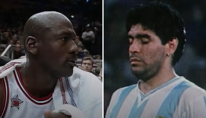 La légende de la NBA, Michael Jordan (gauche), et la regrettée star du football argentin Diego Maradona (droite)