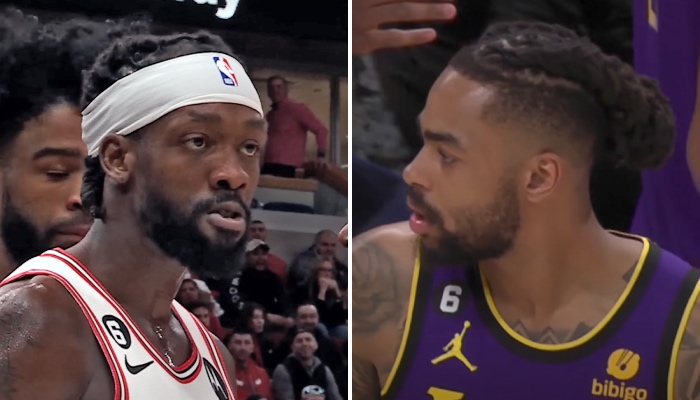 Le meneur NBA des Chicago Bulls, Patrick Beverley (gauche), et l'arrière des Los Angeles Lakers, D'Angelo Russell (droite)