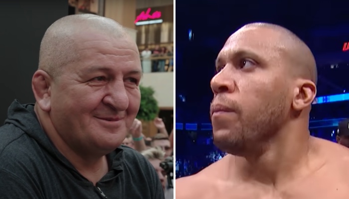 La père de la légende UFC Khabib Nurmagomedov, Abdulmanap (gauche), et le combattant français Ciryl Gane (droite)