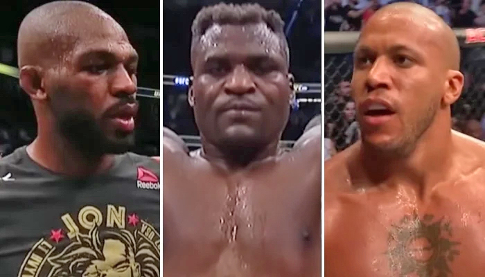 Jon Jones, Ciryl Gane et Francis Ngannou de l'UFC