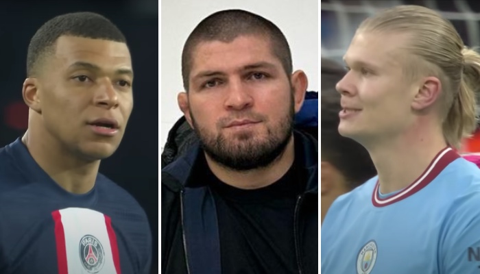 La star du Paris Saint-Germain, Kylian Mbappé (gauche), la légende de l'UFC Khabib Nurmagomedov (centre) et l'attaquant de Manchester City, Erling Haaland (droite)