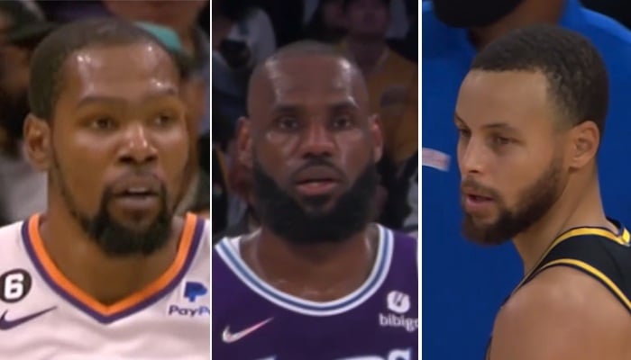 Les superstars NBA Kevin Durant (gauche), LeBron James (centre) et Stephen Curry (droite)