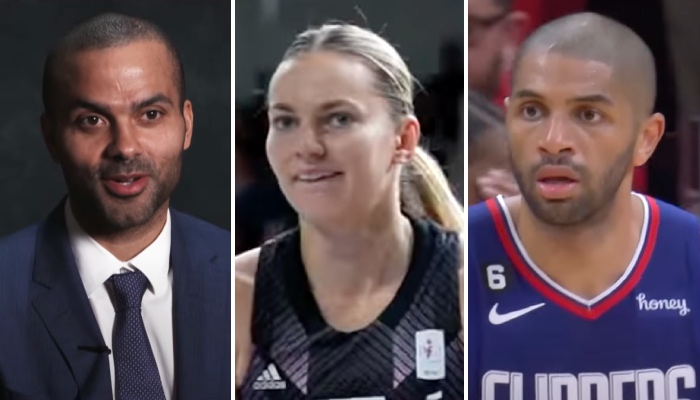 Le président de l'ASVEL, Tony Parker (gauche), l'internationale française Marine Johannès (centre), et l'ailier NBA des Los Angeles Clippers, Nicolas Batum (droite)