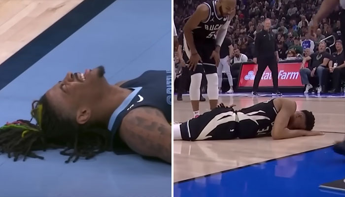 Ja Morant et Giannis Antetokounmpo au sol après une blessure