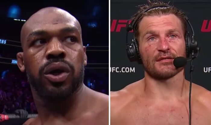 Les combattants poids lourds UFC Jon Jones (gauche) et Stipe Miocic (droite)